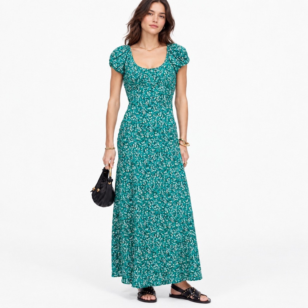 MADEWELL Women's New Maxi Dress 8 Green Floral Ruched Scoop Neck Boho NU558